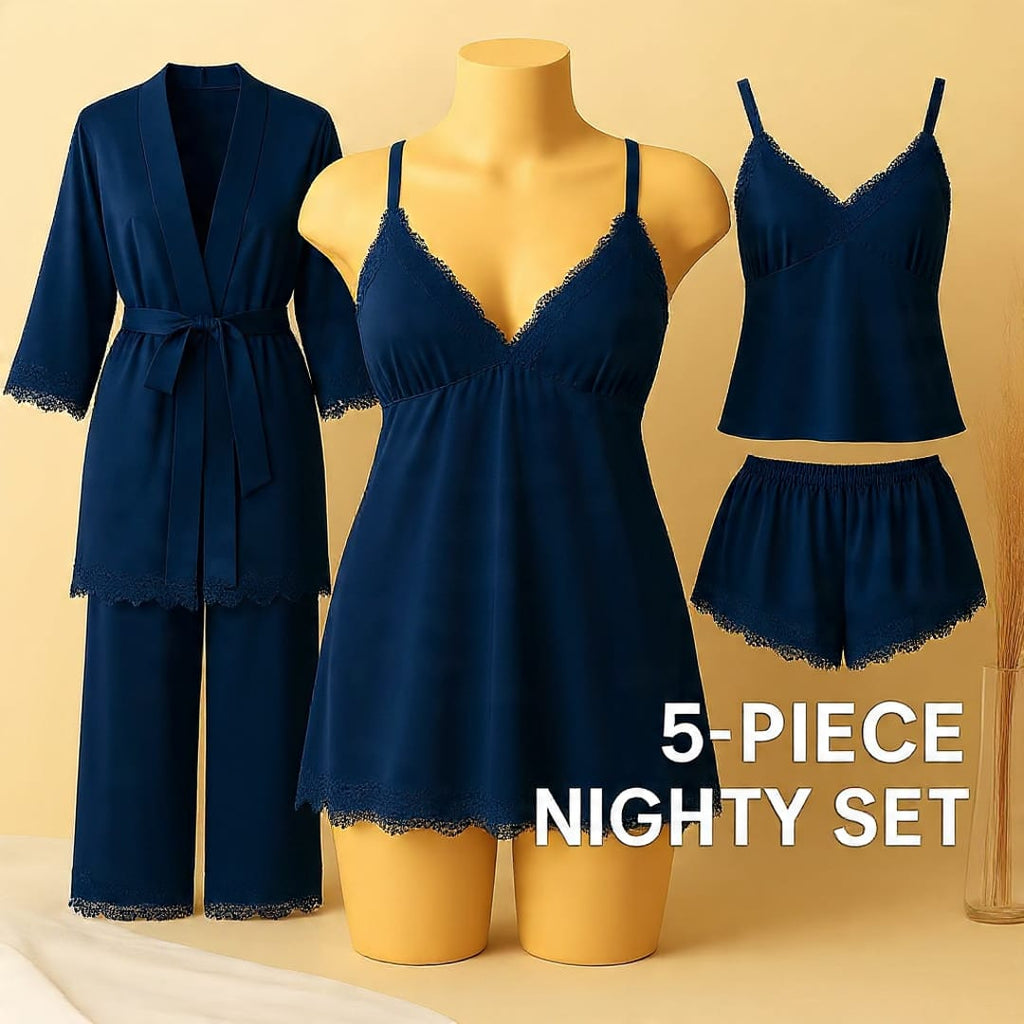5 pcs nighty set (short , pajama , shirt , long shirt , gown)