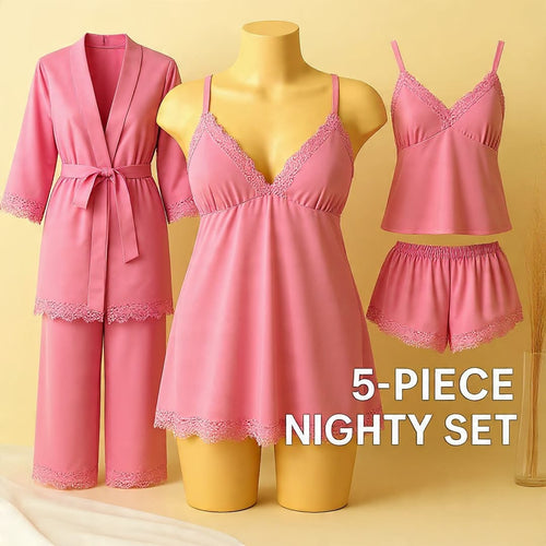 5 pcs nighty set (short , pajama , shirt , long shirt , gown)