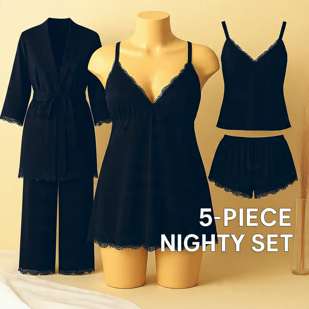 5 pcs nighty set (short , pajama , shirt , long shirt , gown)