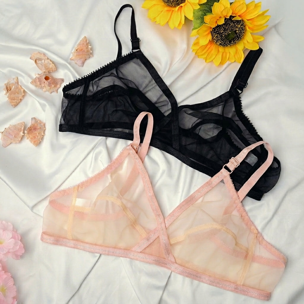 Pack of 2 Non-Padded & Non-Wired Full Net Transparent Cotton Bras
