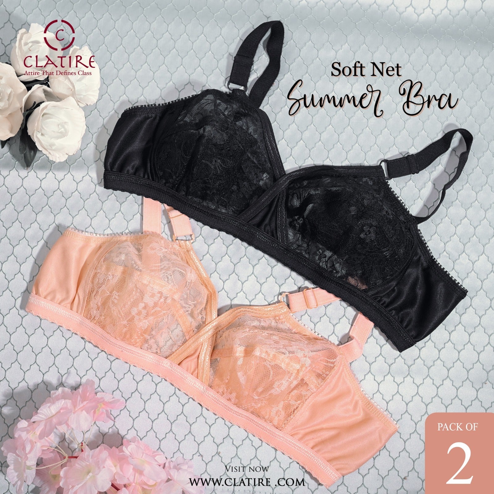 Pack of 2 Net Embroided Non-Padded & Non-Wired Full Net Transparent Cotton Bras